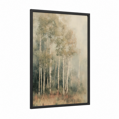 Misty Aspen Forest framed art print — black wood frame — cream and sage green palette