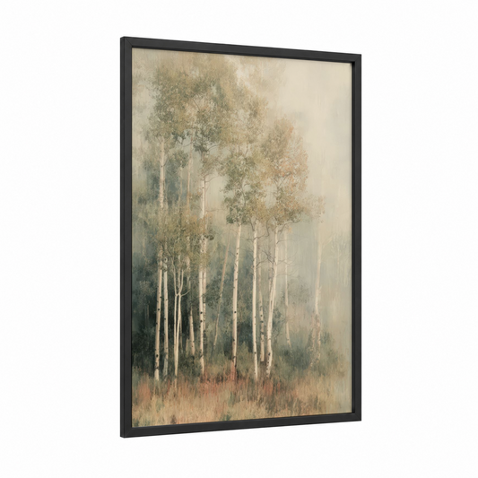 Misty Aspen Forest framed art print — black wood frame — cream and sage green palette