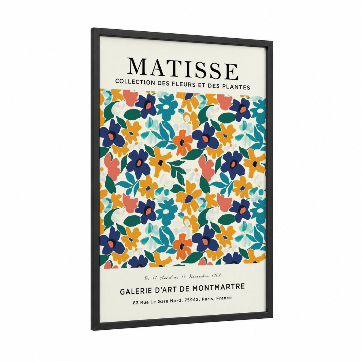 Matisse Floral framed abstract flower print — black wood frame — blue and gold palette