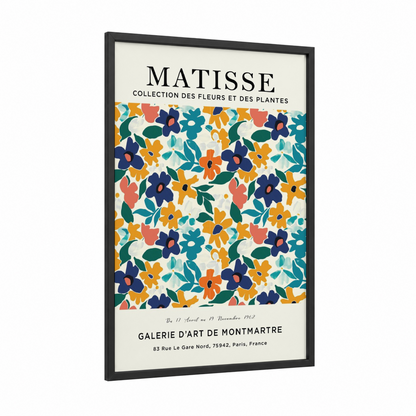 Matisse Floral framed abstract flower print — black wood frame — blue and gold palette