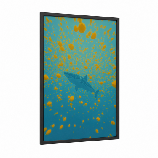 Golden Jellyfish Shark framed great white shark print — black wood frame — blue and yellow gold palette