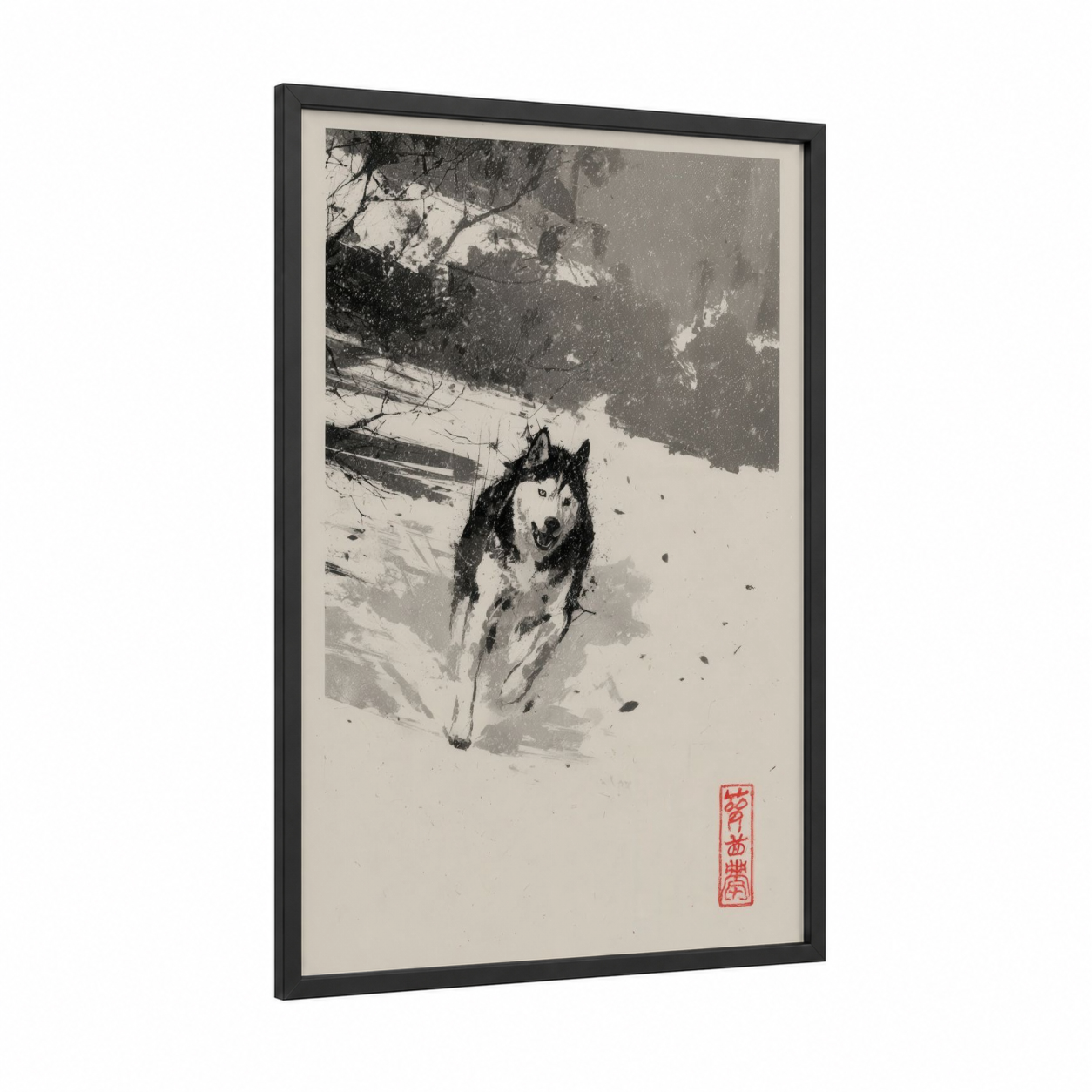 Snowy Husky framed art print — black wood frame — black and white and gray palette