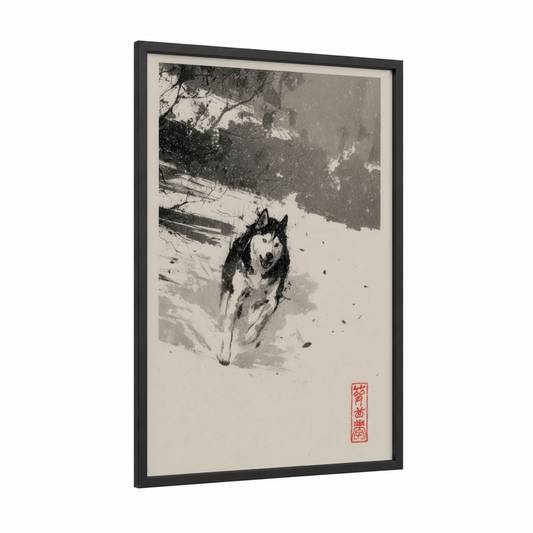 Snowy Husky framed art print — black wood frame — black and white and gray palette