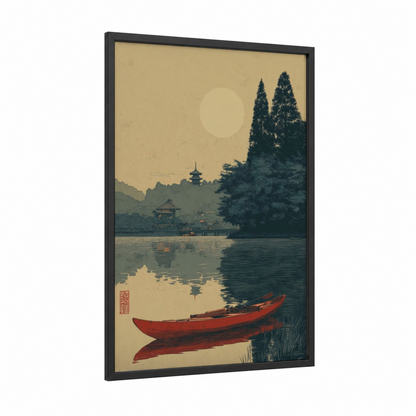 Serene Kayak Landscape framed kayaks and canoes print — black wood frame — gold and dark green palette