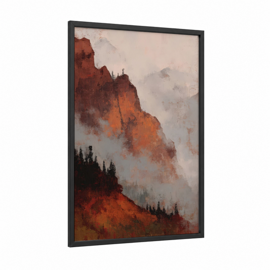 Crimson Mountain Mist framed art print — black wood frame — cream palette