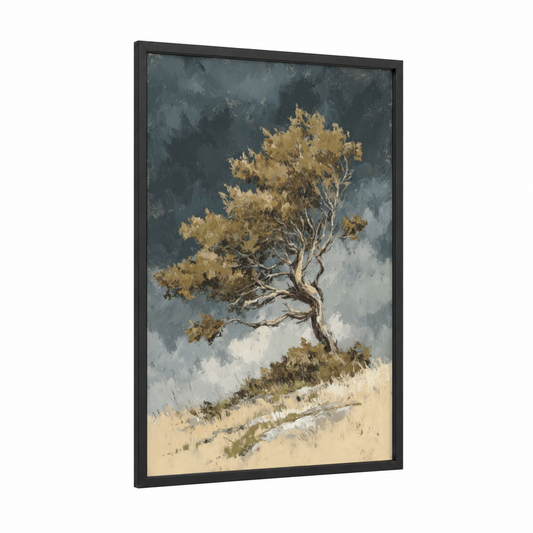 Golden Juniper framed juniper tree print — black wood frame — gold and gray palette