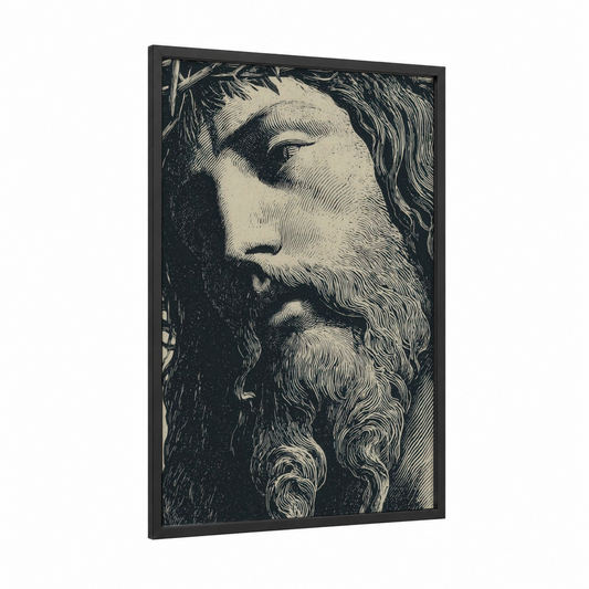 Bearded Apostle framed jesus christ print — black wood frame — black and white and cream palette