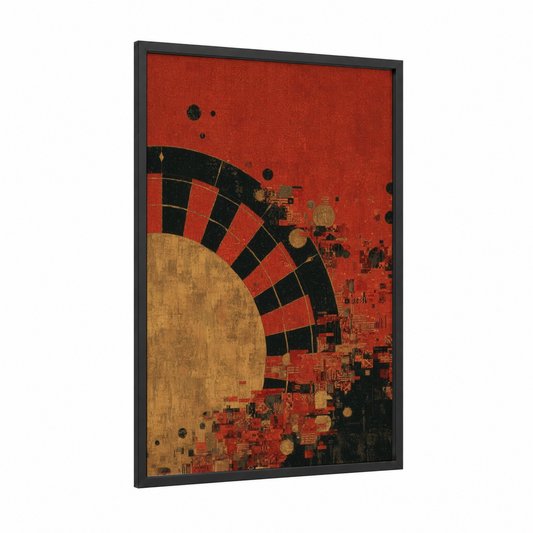 Golden Roulette framed art print — black wood frame — red and gold palette
