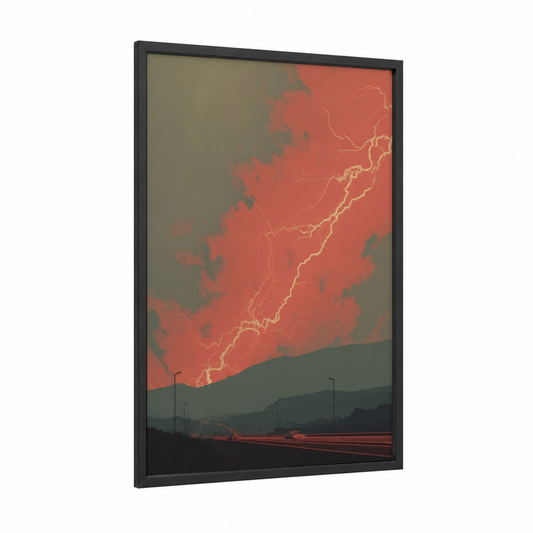 Crimson Storm Road framed lightning print — black wood frame — red and gold palette