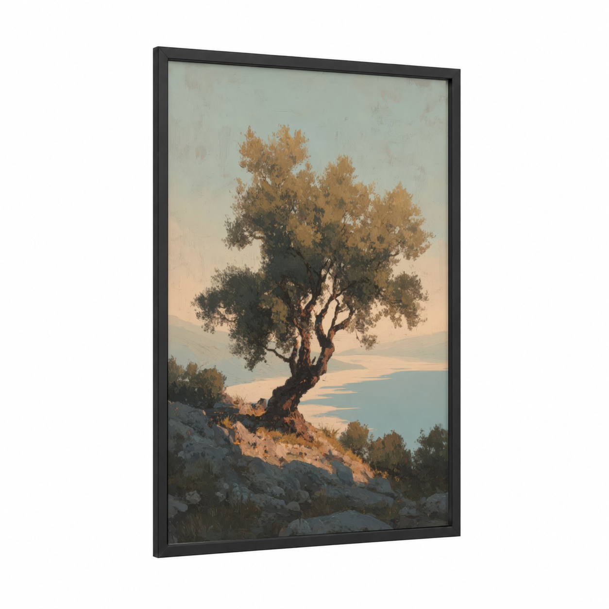 Golden Olive Tree framed art print — black wood frame — gold and sage green palette