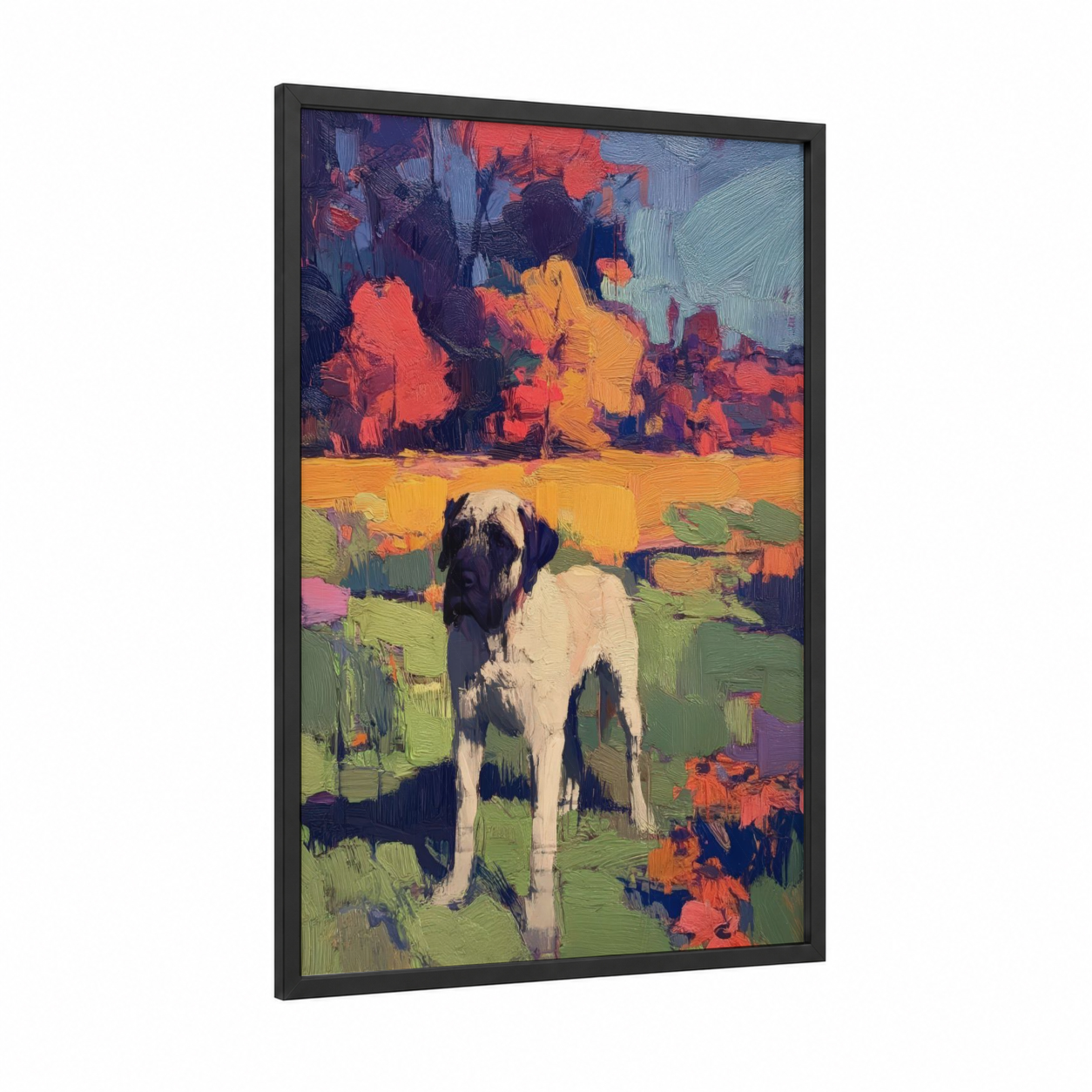 Mastiff in Wildflower Field framed art print — black wood frame — orange and green palette