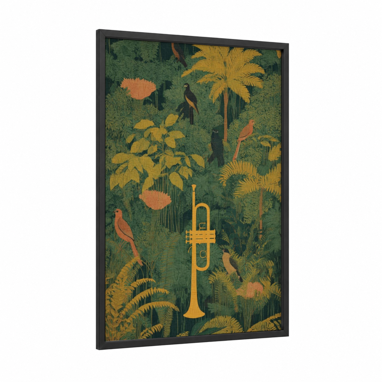 Jungle Trumpet framed art print — black wood frame — dark green and yellow gold palette
