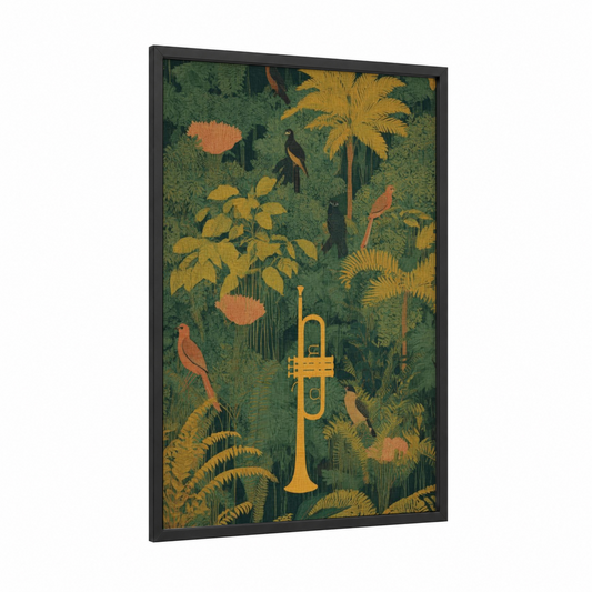 Jungle Trumpet framed art print — black wood frame — dark green and yellow gold palette