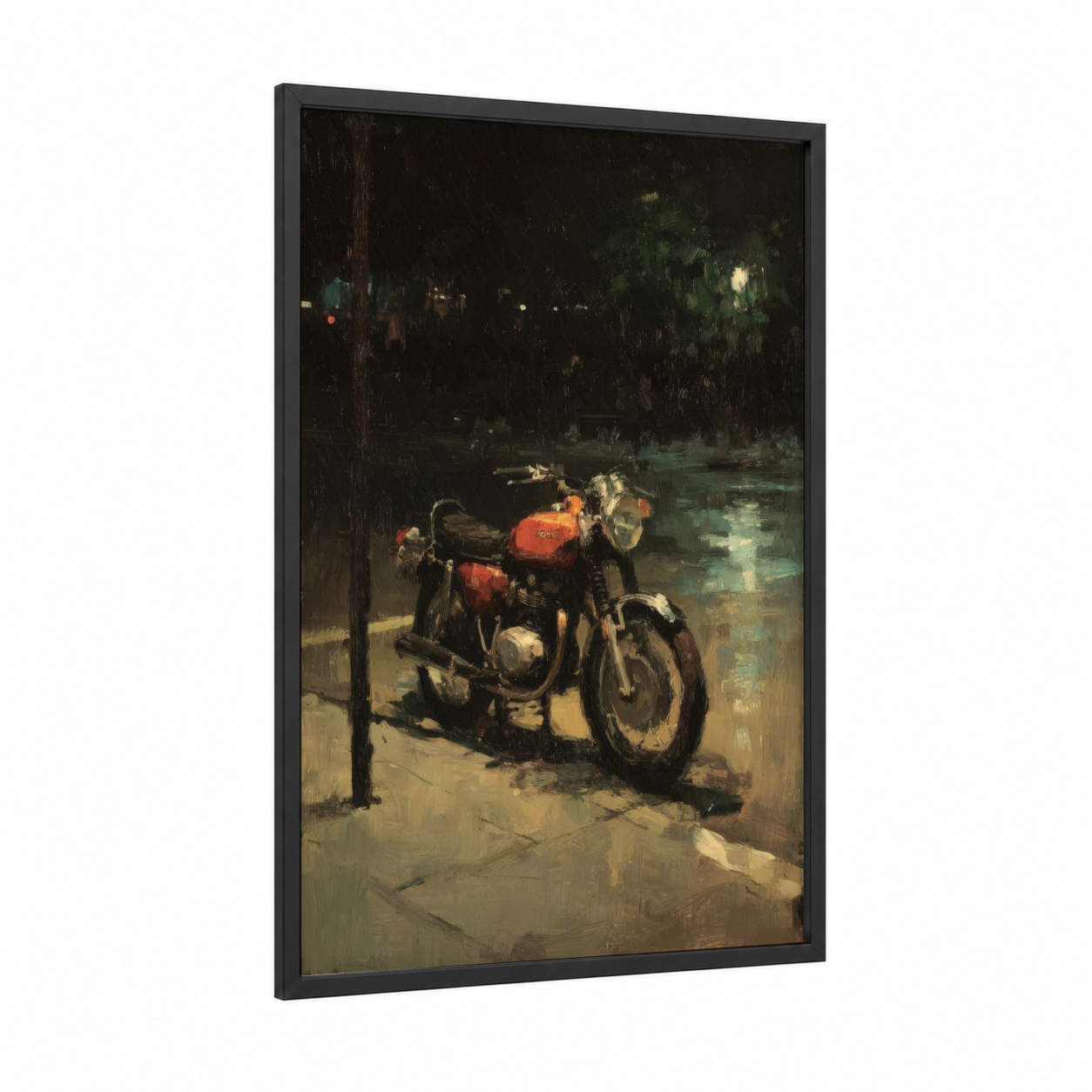 Neon Nights Motorcycle framed vintage motorcycle print — black wood frame — black and red palette
