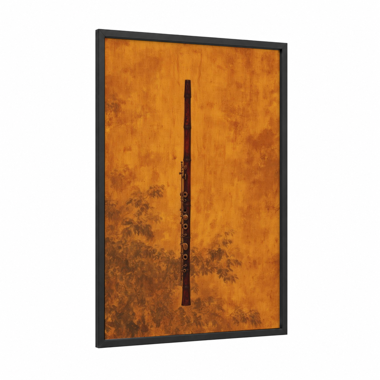 Wooden Flute Vertical framed art print — black wood frame — gold and brown palette