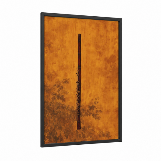 Wooden Flute Vertical framed art print — black wood frame — gold and brown palette