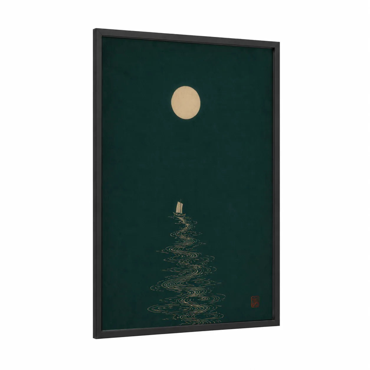 Moonlit Ocean Sailing Ship Wall Art framed art print — black wood frame — beige and dark green palette