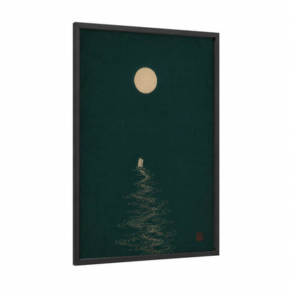 Moonlit Ocean Sailing Ship Wall Art framed art print — black wood frame — beige and dark green palette