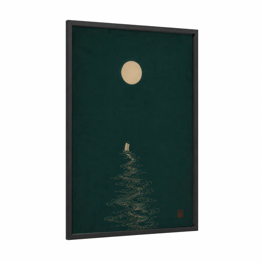 Moonlit Ocean Sailing Ship Wall Art framed art print — black wood frame — beige and dark green palette