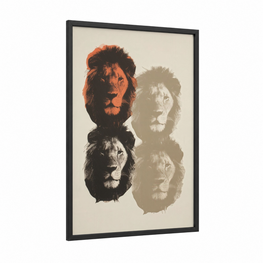 Majestic Lion Collage framed art print — black wood frame — orange and gold palette