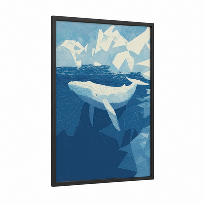Arctic Whale framed blue whale print — black wood frame — blue and white palette
