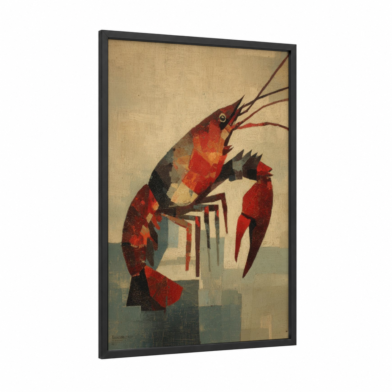 Geometric Crayfish framed art print — black wood frame — red and black palette