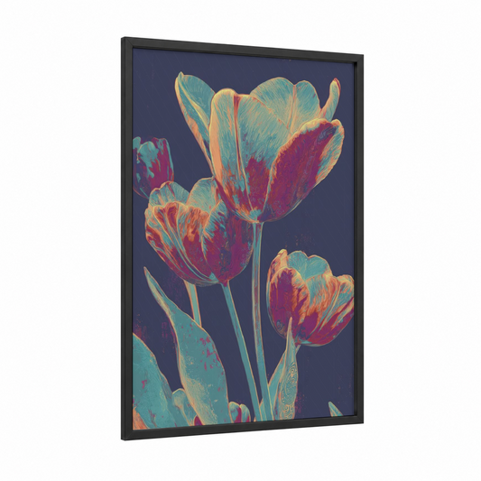 Jewel Tone Tulips framed art print — black wood frame — magenta and gold palette