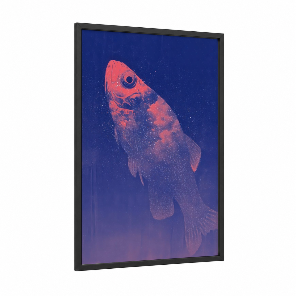 Crimson Zebrafish framed art print — black wood frame — blue and salmon pink palette