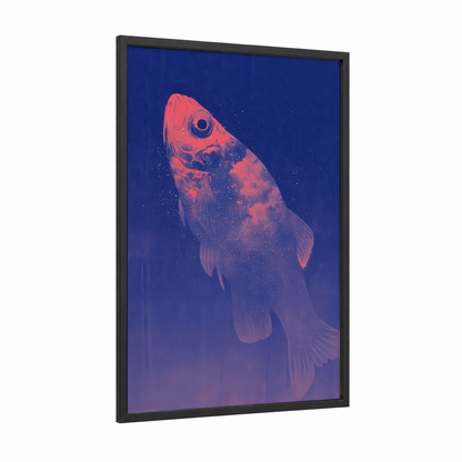 Crimson Zebrafish framed art print — black wood frame — blue and salmon pink palette