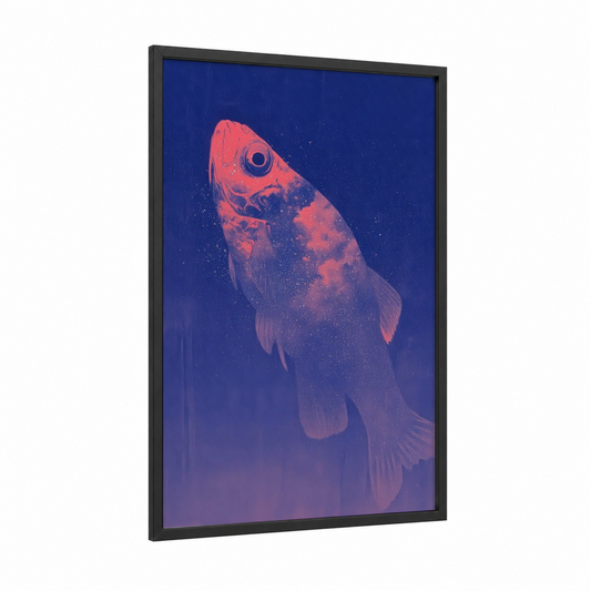 Crimson Zebrafish framed art print — black wood frame — blue and salmon pink palette