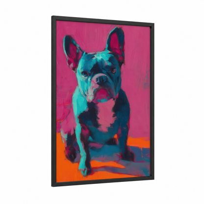 Neon Bulldog Pop framed art print — black wood frame — magenta and blue palette