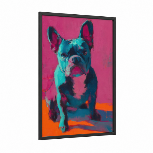 Neon Bulldog Pop framed art print — black wood frame — magenta and blue palette