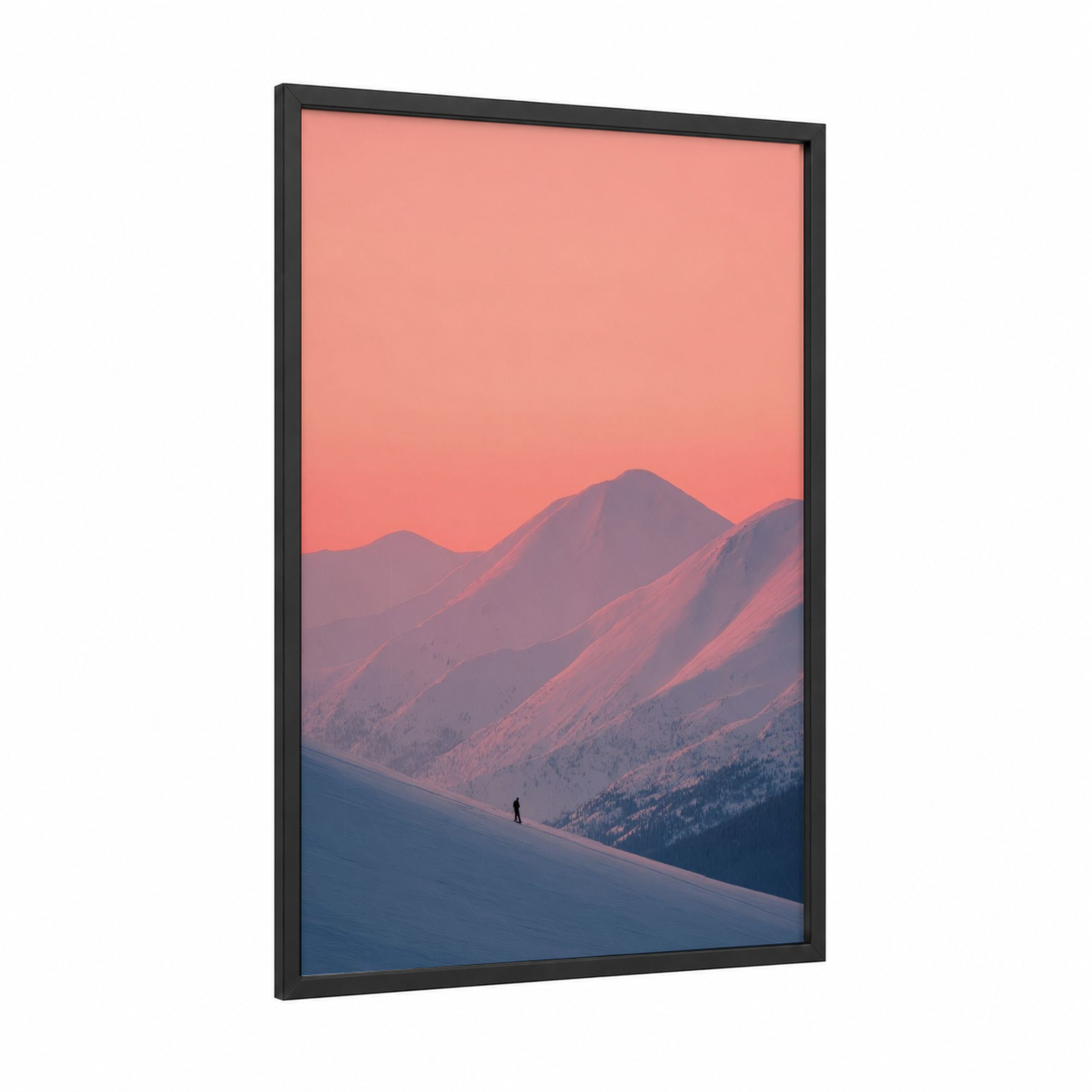 Alpine Solitude framed skiing print — black wood frame — salmon pink and blue palette