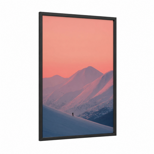 Alpine Solitude framed skiing print — black wood frame — salmon pink and blue palette