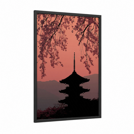 Cherry Blossom Pagoda framed cherry blossoms print — black wood frame — salmon pink and black palette