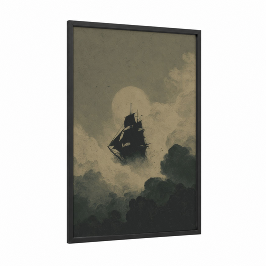 Phantom Galleon framed dark fantasy print — black wood frame — black and white and cream palette