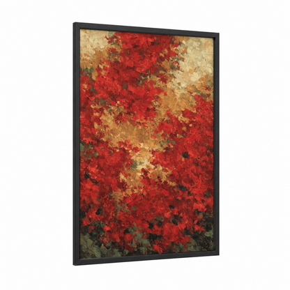 Crimson Poinsettia Cluster framed poinsettias print — black wood frame — red and gold palette