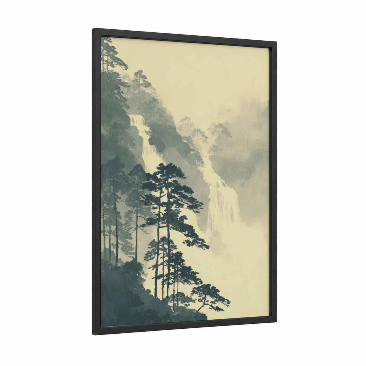 Misty Mountain Waterfall framed art print — black wood frame — dove gray and cream palette