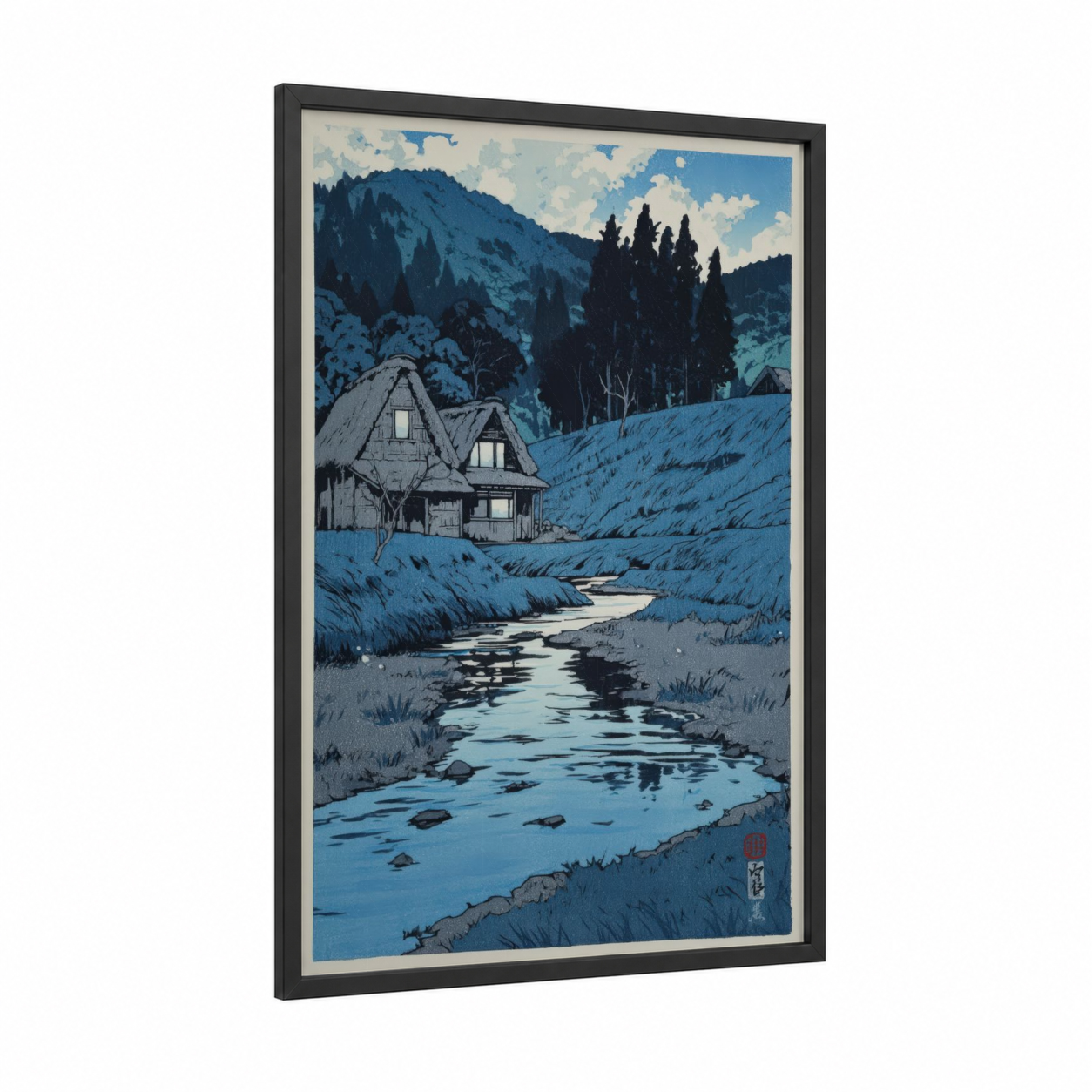 Alpine Cottage Stream framed various landscapes print — black wood frame — blue and gray palette
