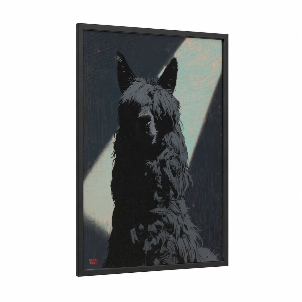 Shadow Alpaca framed art print — black wood frame — black and gray palette