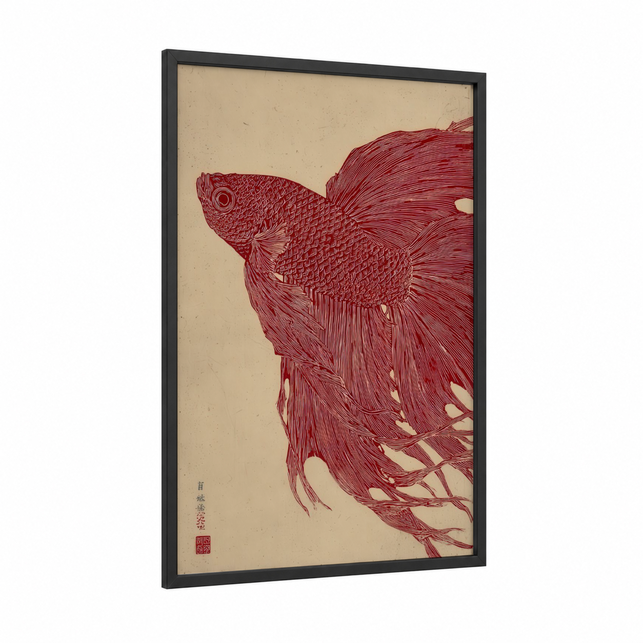 Crimson Betta Fish framed art print — black wood frame — maroon and cream palette
