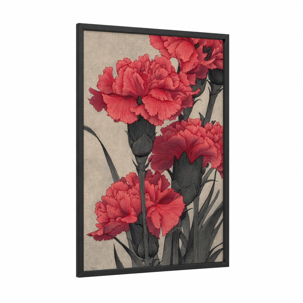 Crimson Carnations framed art print — black wood frame — red and black palette