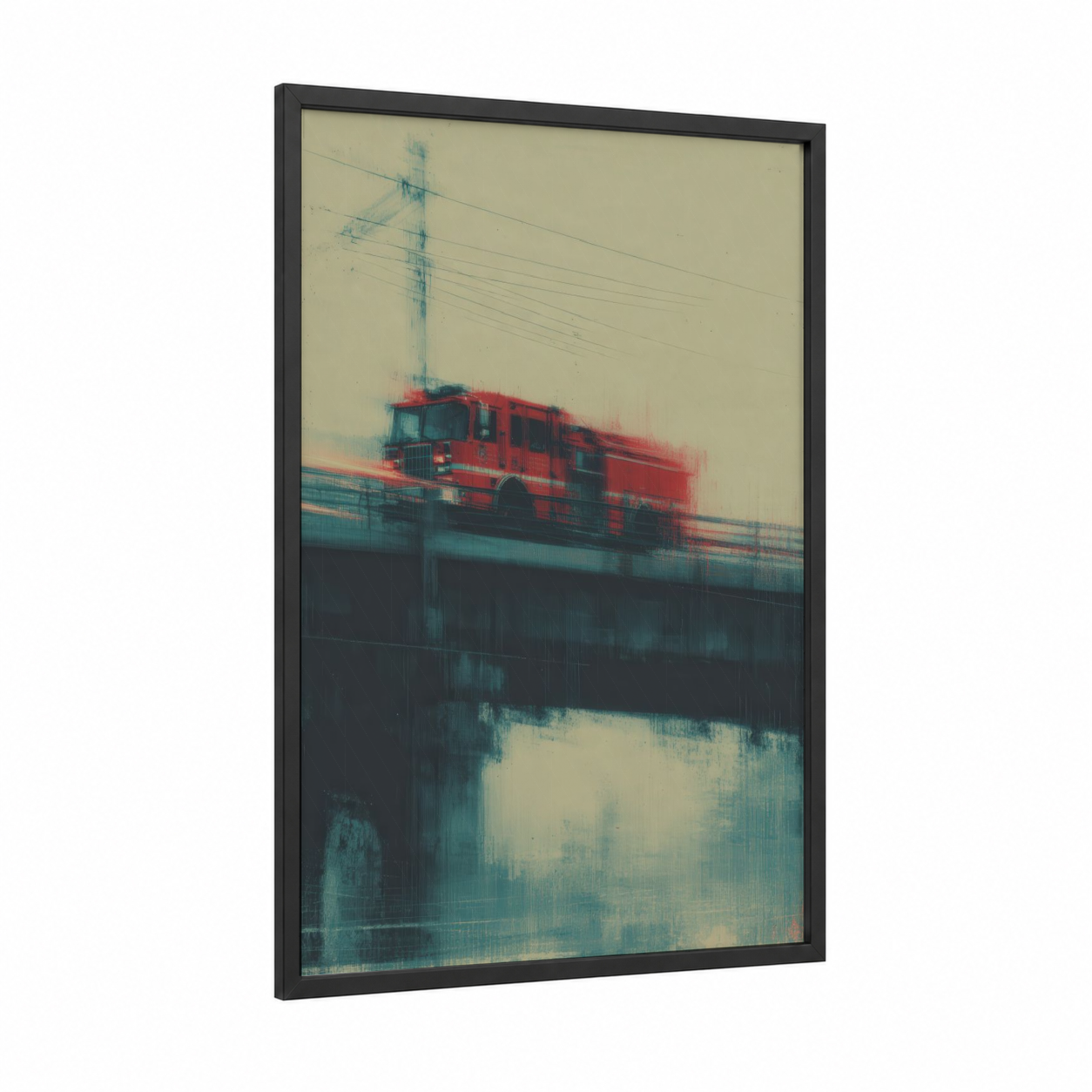 Urban Fire Truck framed fire engine print — black wood frame — red and teal palette