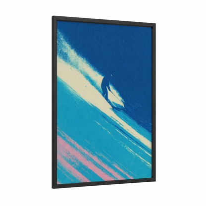 Ocean Rush Skier framed water skiing print — black wood frame — blue and white and pink palette
