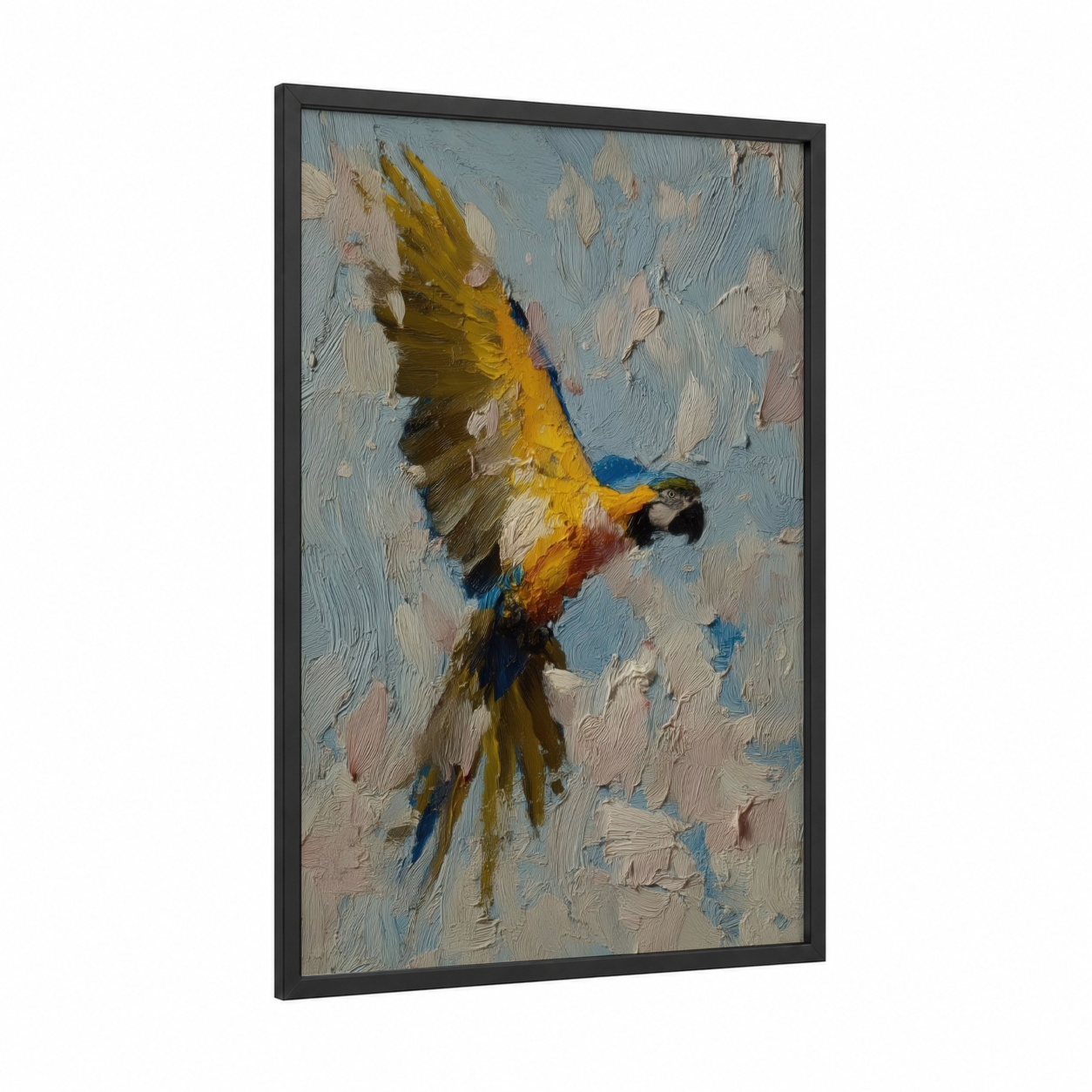 Golden Macaw Flight framed art print — black wood frame — gold and blue palette