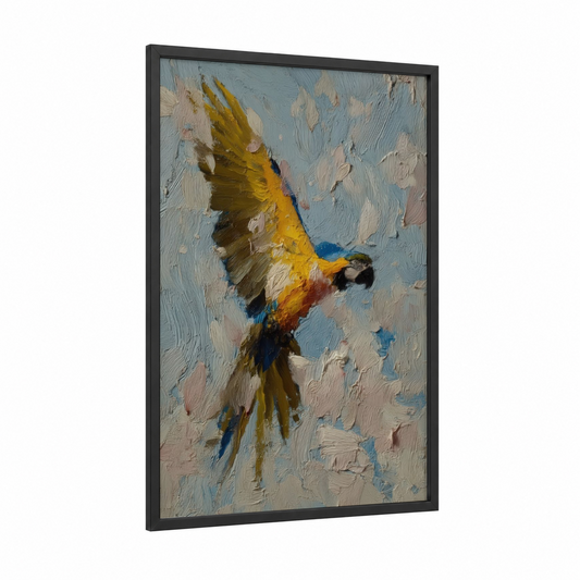 Golden Macaw Flight framed art print — black wood frame — gold and blue palette