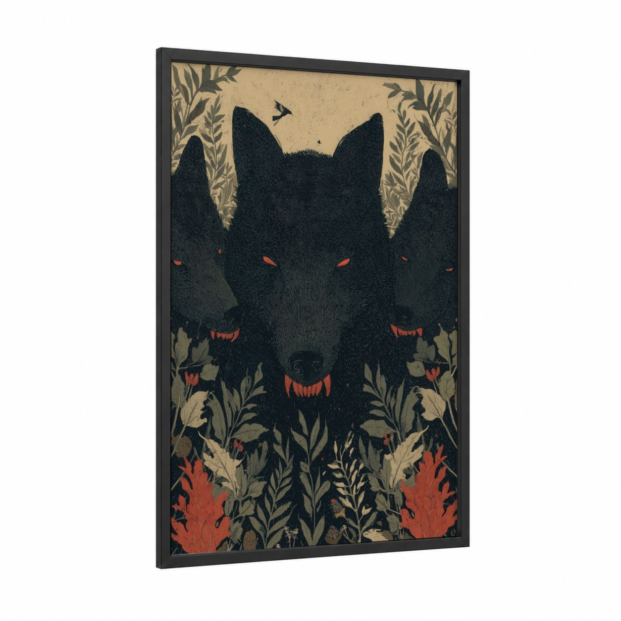 Three-Headed Guardian framed cerberus print — black wood frame — black palette