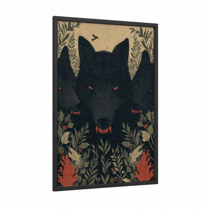 Three-Headed Guardian framed cerberus print — black wood frame — black palette