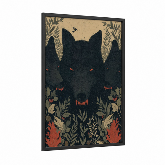 Three-Headed Guardian framed cerberus print — black wood frame — black palette