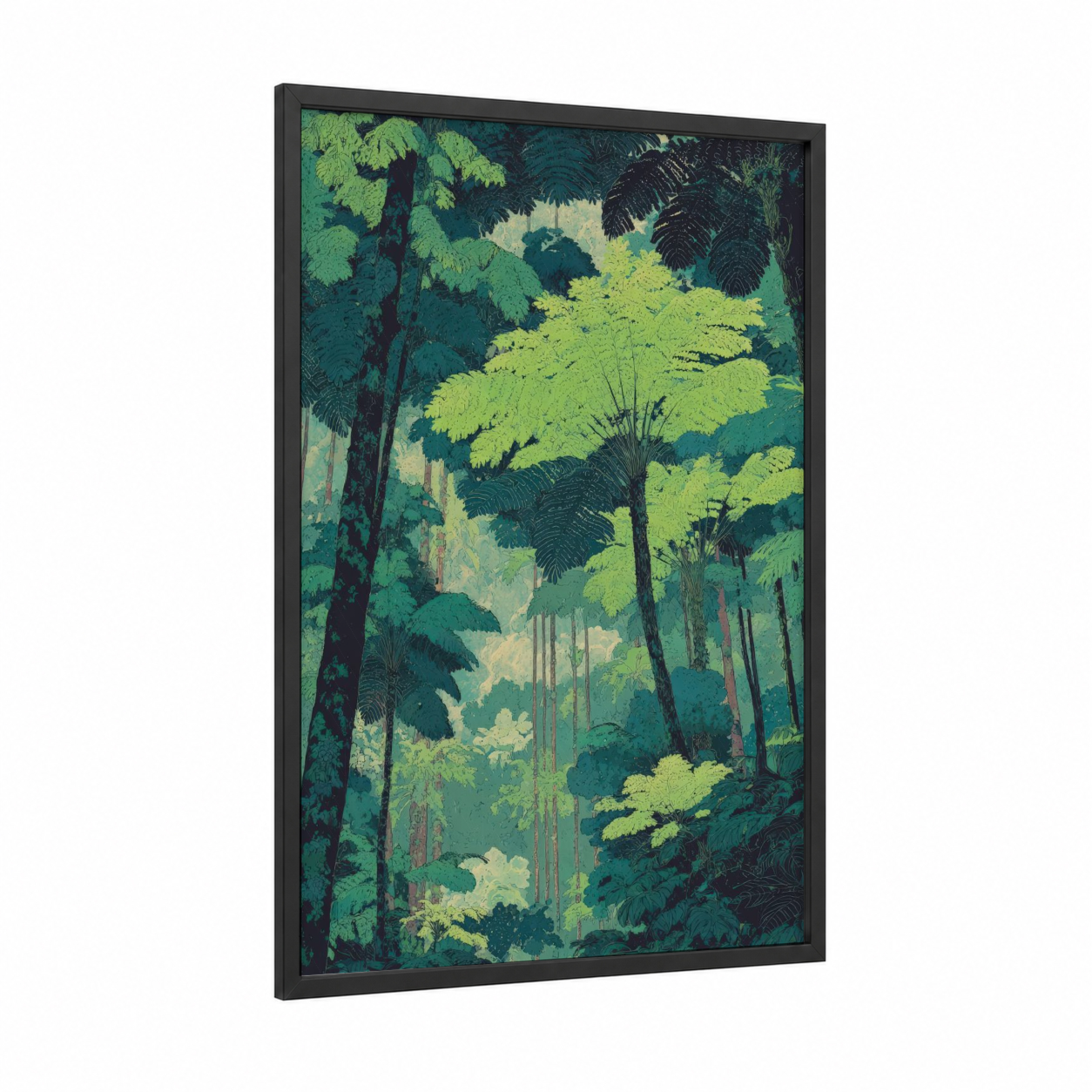 Luminous Jungle framed forest trees print — black wood frame — lime green and teal palette